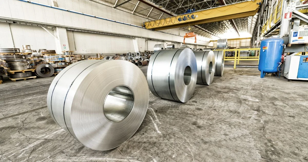 Cold rolled steel coils in industrial metal processing facility